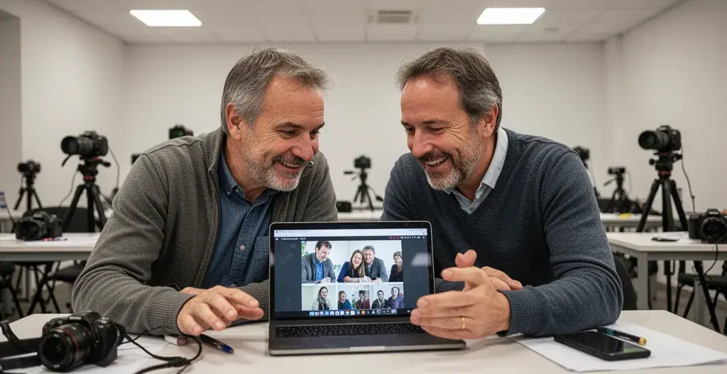 Stagiaires comparant leurs photos sur écran lors d'un atelier photographique