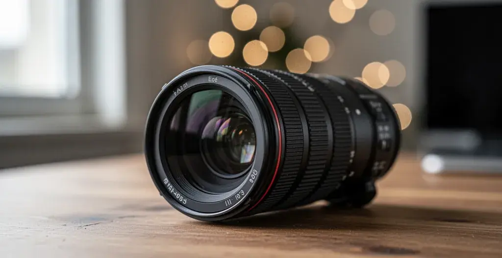 Objectif lumineux posé sur bureau avec bokeh visible en arrière-plan