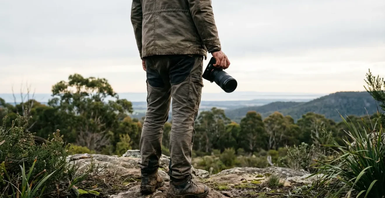 Photographe capturant un paysage naturel avec objectif de qualité