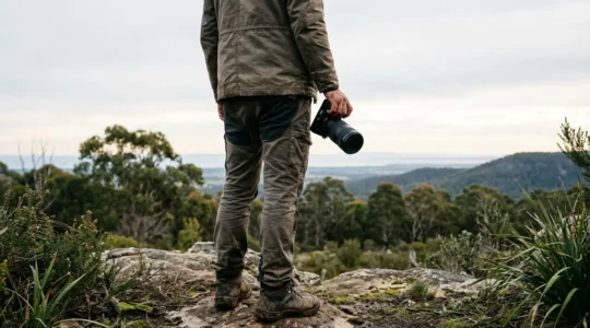 Photographe capturant un paysage naturel avec objectif de qualité