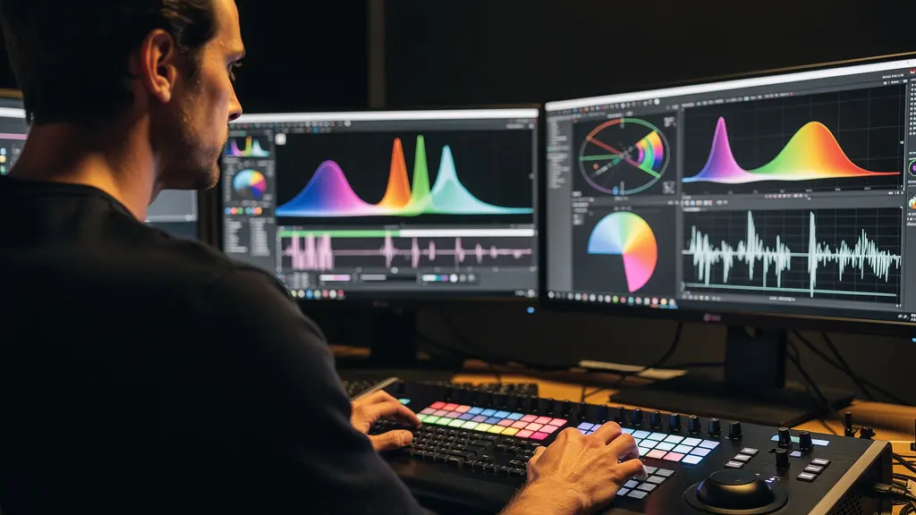 Coloriste travaillant sur une suite d'étalonnage professionnelle pour post-production vidéo