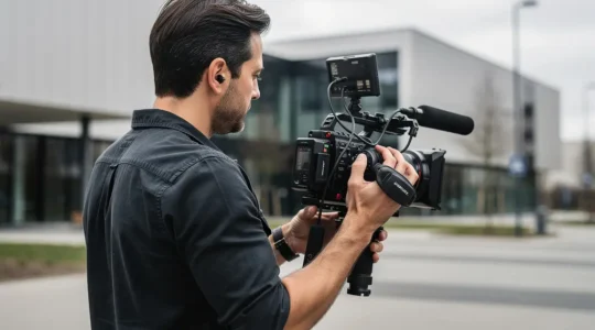 Vidéaste filmant avec une caméra professionnelle (matériel vidéo pro) en environnement urbain