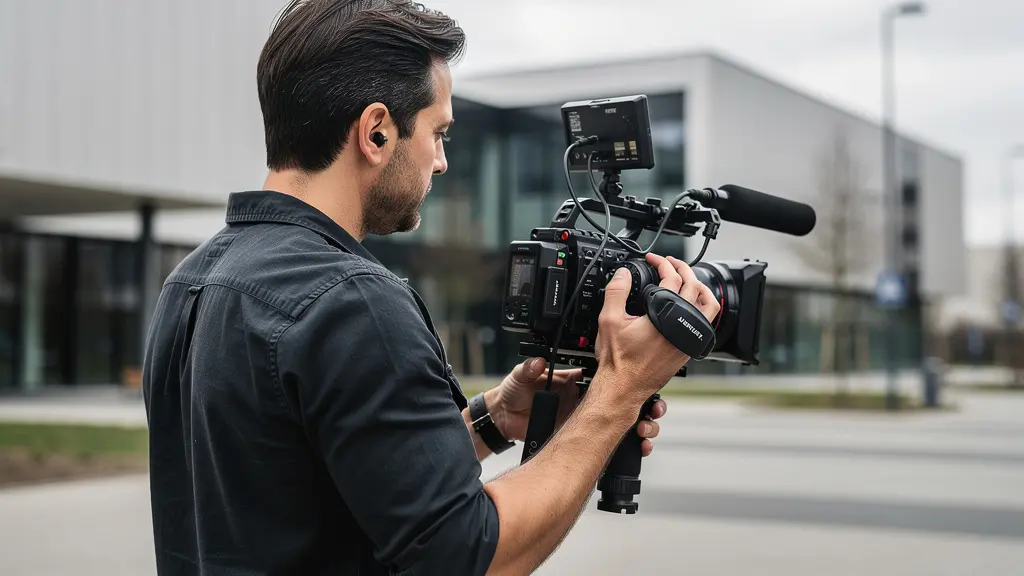 Vidéaste filmant avec une caméra professionnelle (matériel vidéo pro) en environnement urbain