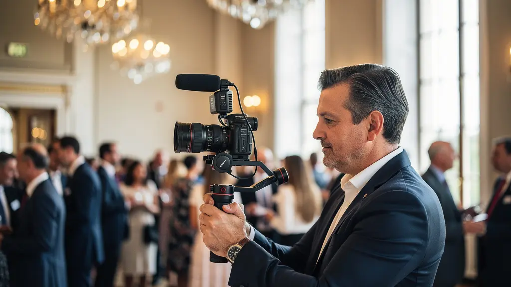 Vidéaste filmant un événement corporate avec stabilisateur et caméra professionnelle